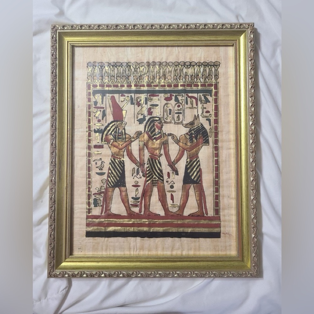 Egyptian Painted Papyrus With Glass Cover Frame 16” X 12”